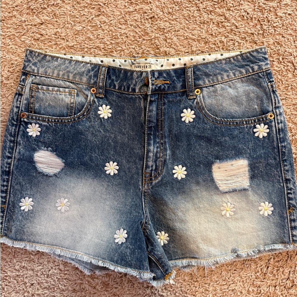 Forever 21 Blue Distressed Jean Shorts with Daisy Embellishments